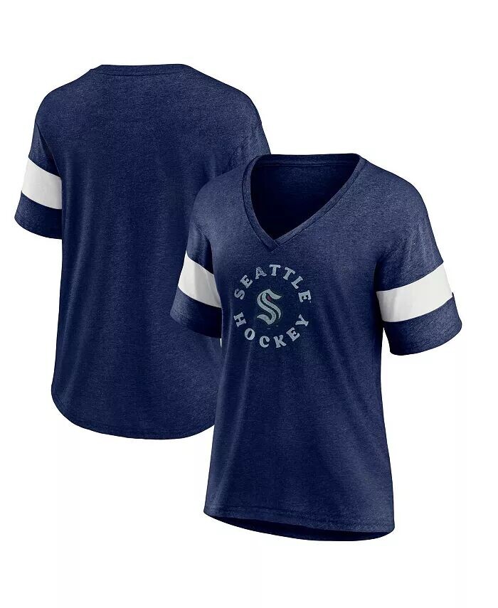 

Женская футболка Heather Navy Seattle Kraken Special Edition 2.0 Ring The Alarm с V-образным вырезом Fanatics
