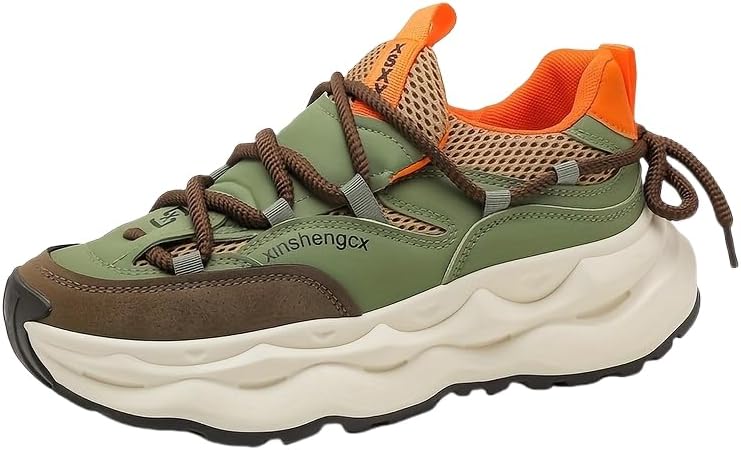 

Мужские всесезонные модные кроссовки - дышащий сетчатый и ПУ верх, прочная ПВХ подошва, обувь на шнуровке с надежным сцеплением для улицы, спорта и повседневной носки, зеленый и оранжевый дизайн Hoalox