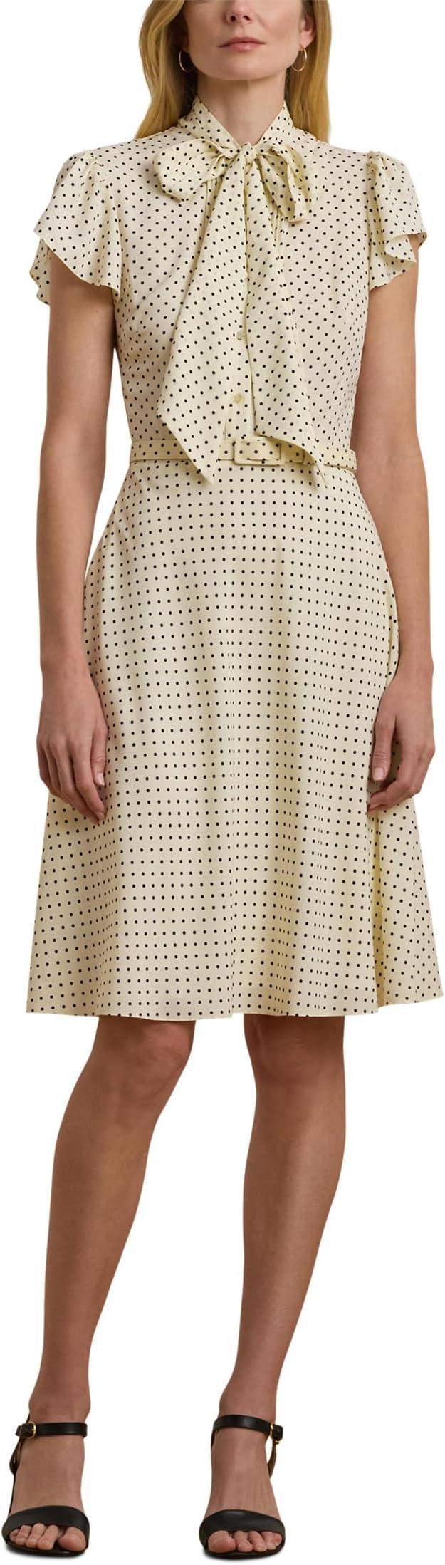

Платье Lauren Ralph Lauren Polka-Dot Belted Crepe Tie-Neck Dress, цвет Cream/Black