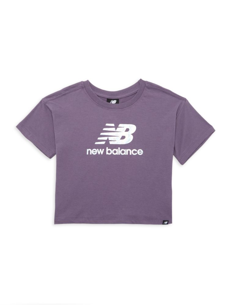 

Укороченная футболка с логотипом для девочек New Balance, цвет Shadow Purple