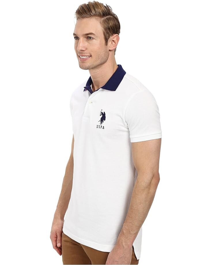 

Поло U.S. POLO ASSN. Slim Fit Big Horse Polo with Stripe Collar, цвет White/Dodger Blue