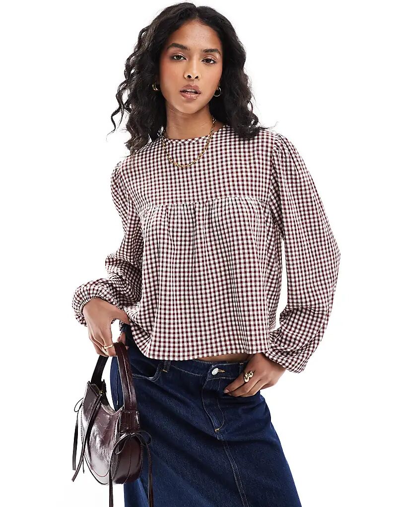 

Блузка ASOS DESIGN с длинными рукавами в красную и кремовую клетку