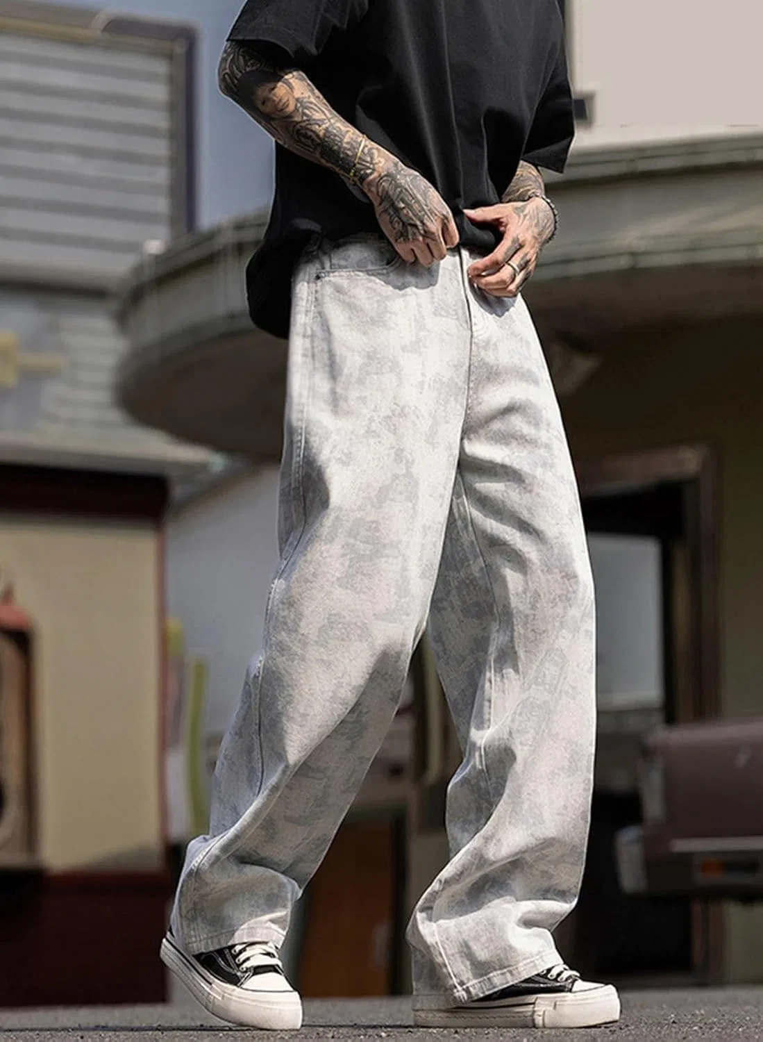 Джинсы свободные Men's Denim Pants Y2K Hip Hop Baggy Jeans Loose Fit Wide Leg Casual Streetwear Trousers Washed Hip Hop Pantses, Серый — фото 3