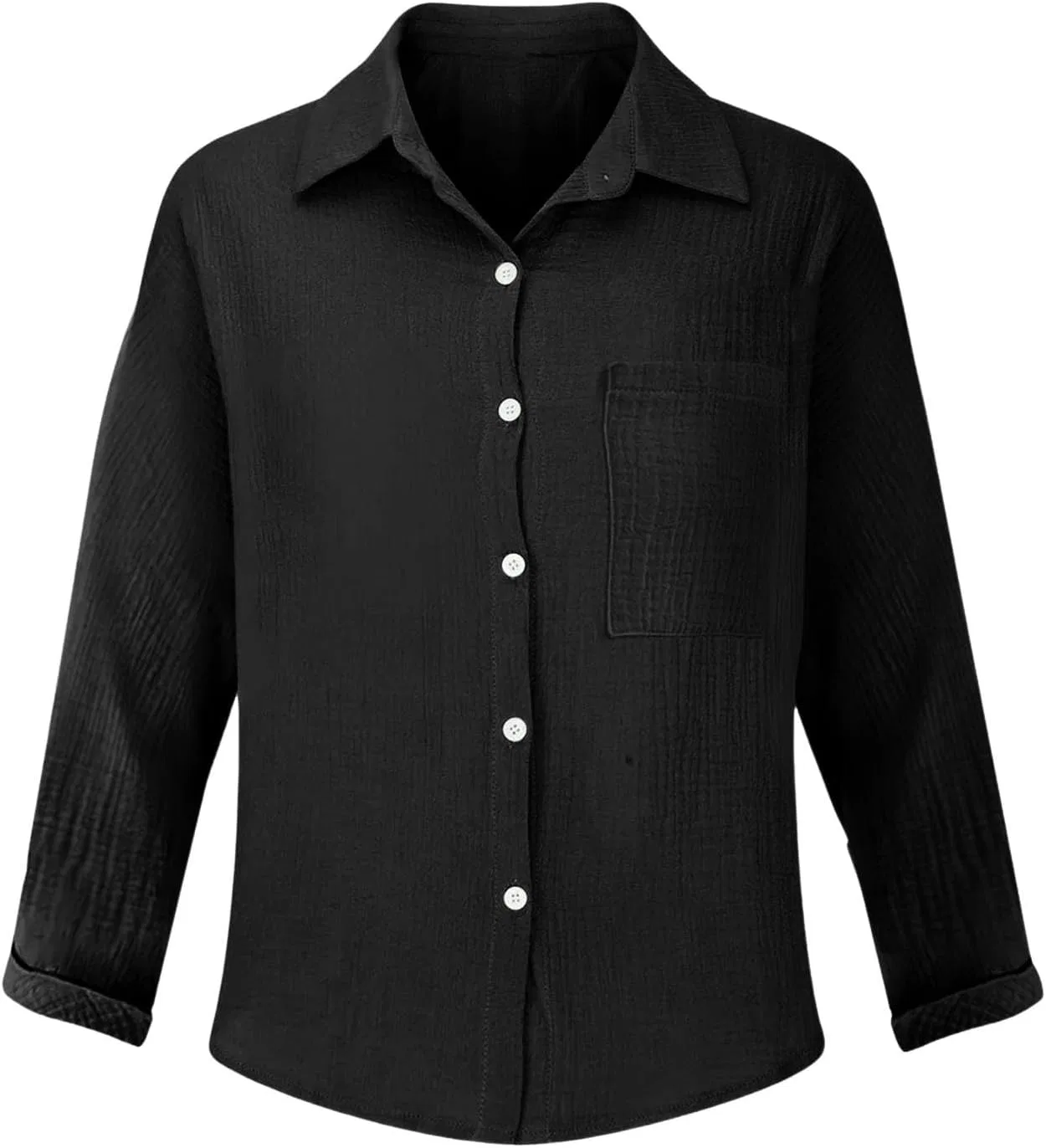 Блуза женская, из льна, плиссированная, с поясом, свободная, Casual, длинный рукав, черный — фото 3