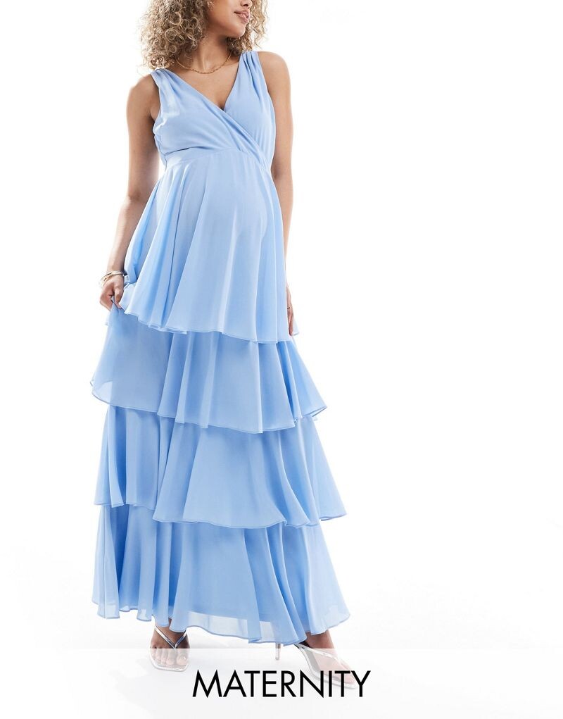 

Голубое шифоновое ярусное платье макси TFNC Bridesmaids Maternity