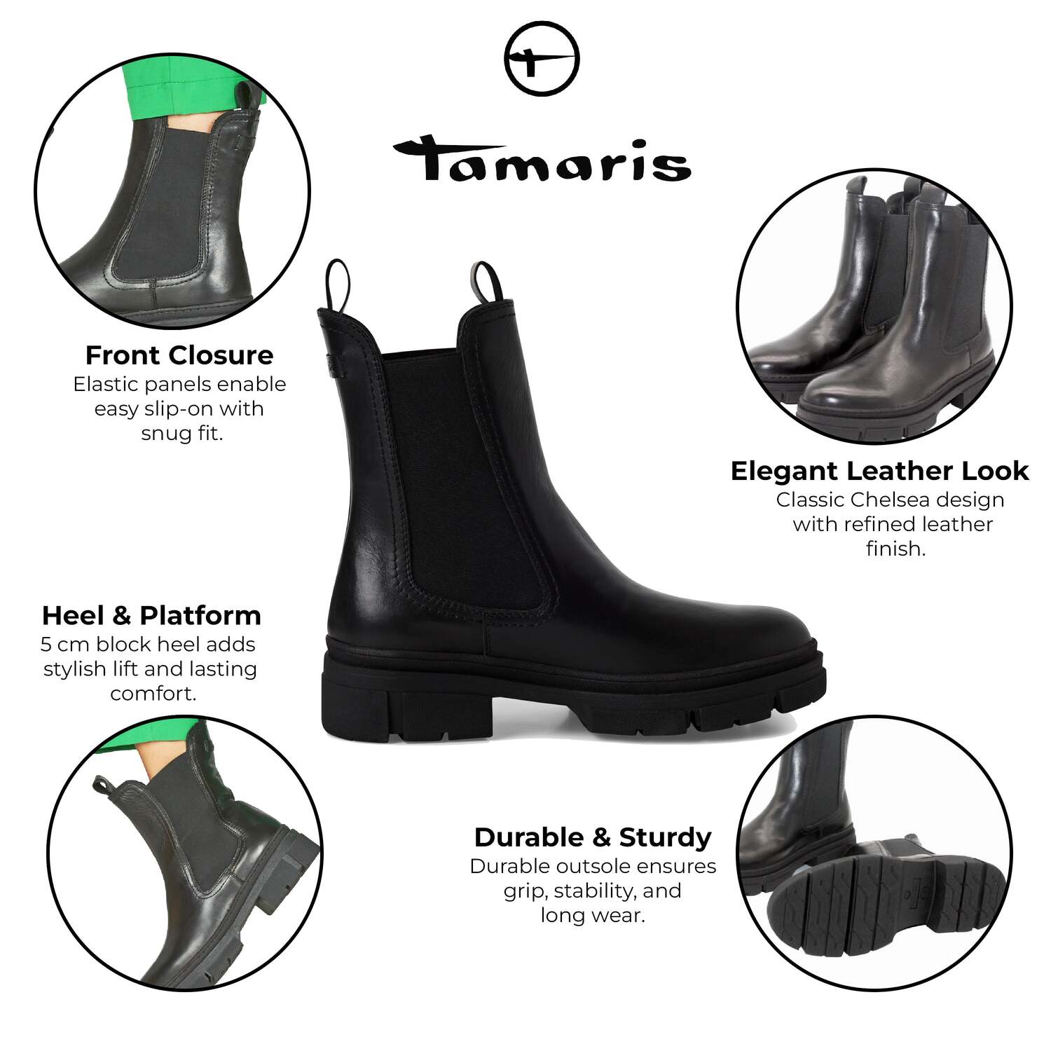 Tamaris женские черные кожаные классические высокие ботинки челси на молнии TMRS — фото 2