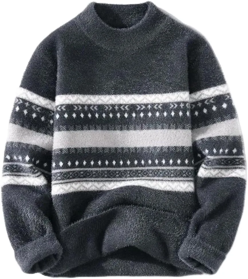 

Мужской теплый свитер с круглым вырезом и длинными рукавами в полоску