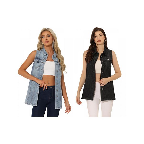 

2 упаковки женской повседневной безрукавки с карманами и пуговицами, джинсовая жилетка миди Inspire Chic, Black Grey Blue