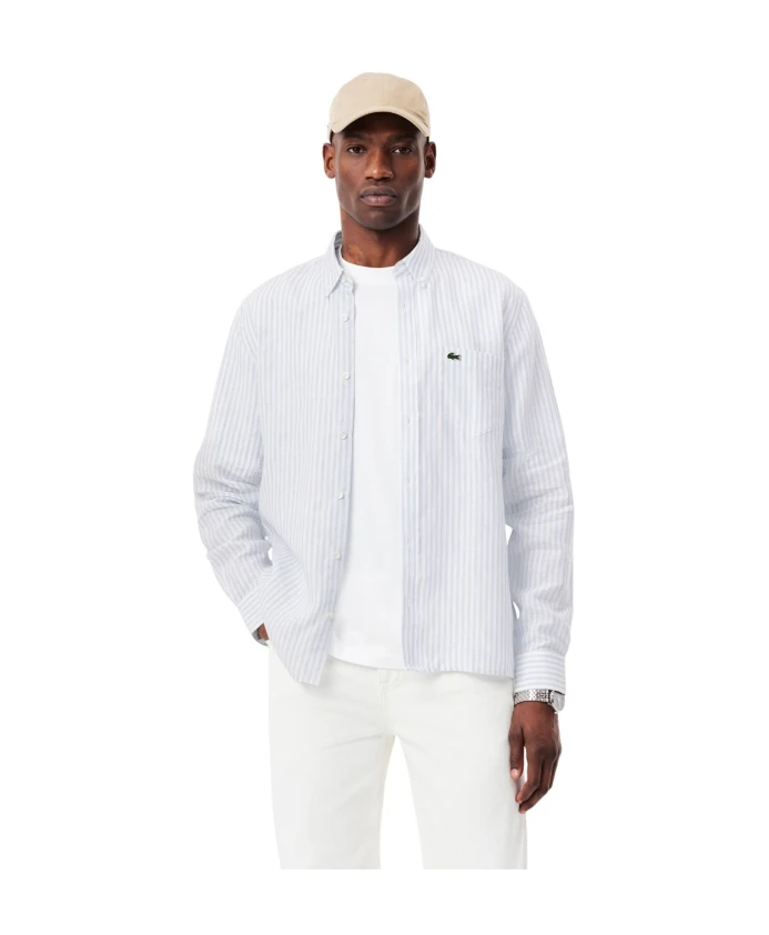 Прозрачная голубая полосатая льняная рубашка Lacoste, синий — фото 4