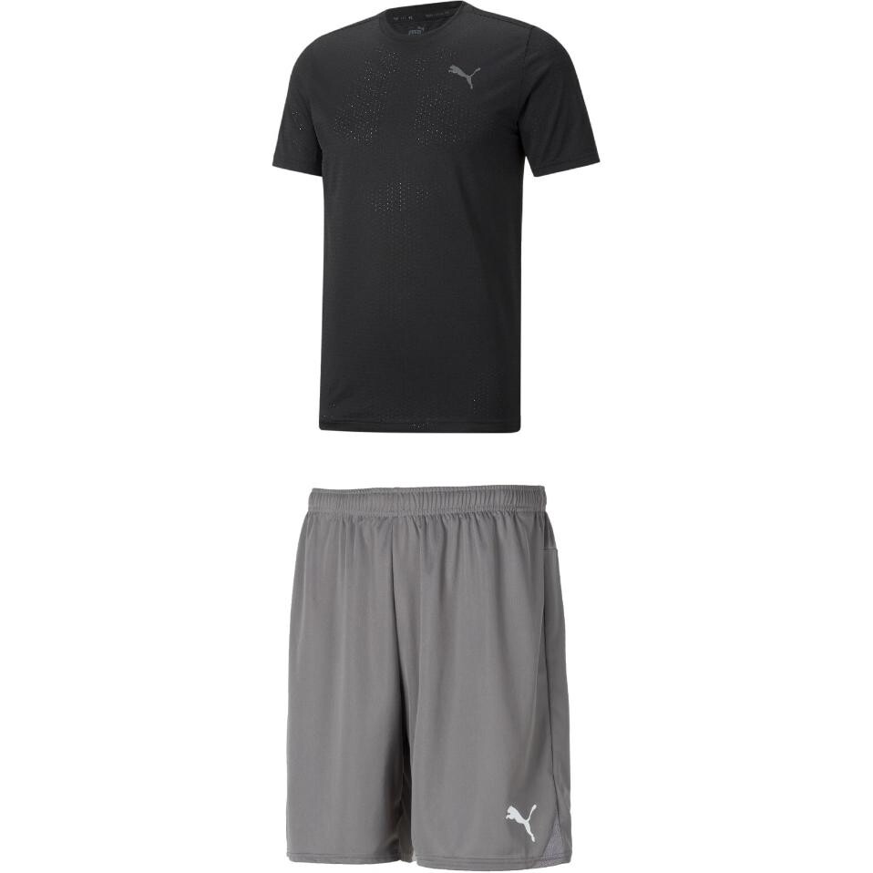 

Повседневный спортивный мужской комплект: черный топ + серые шорты Puma, черный
