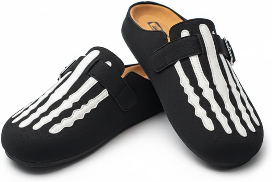 

Мужские мюли с имитацией замши в готическом стиле, для дома и улицы, повседневная обувь с забавным рисунком скелетной кости и регулируемым ремешком с пряжкой Ctkvbmeoi, черный