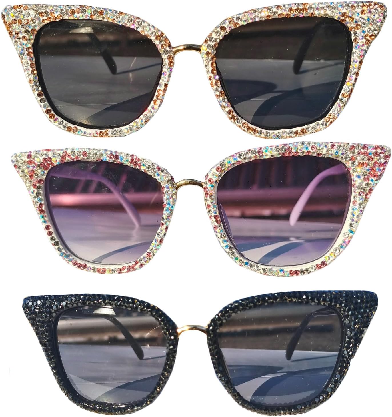 

Willochra — большие модные солнцезащитные очки со стразами для женщин, розовые, сексуальные, с кристальными блестками, стильные, милые, в форме «кошачьего глаза», для вечеринок, 3pcs-black&brown&pink