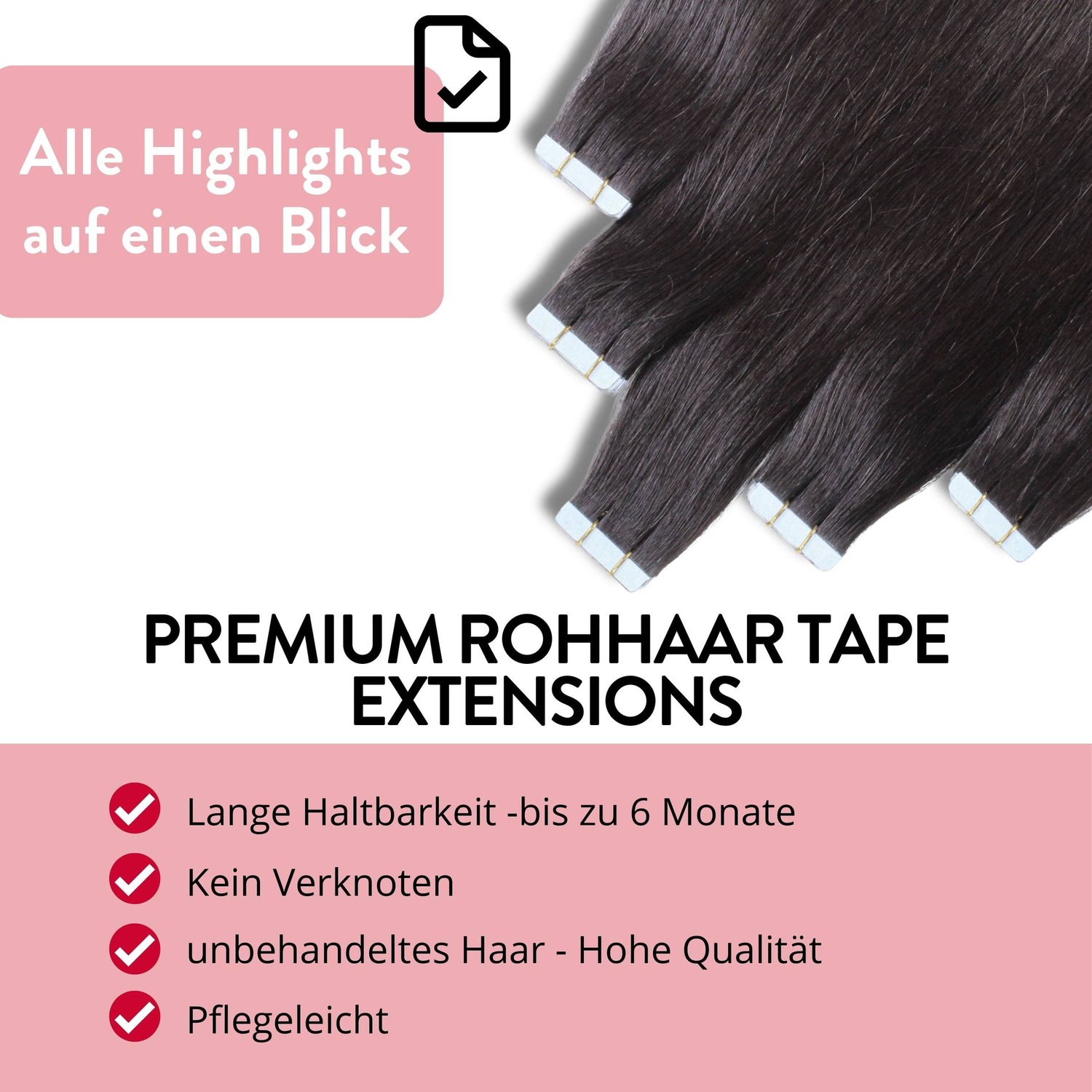 Накладные волосы tape extensions premium rohhaar naturschwarz 2.5g Hair2Heart, 50cm, количество 10 шт. — фото 3