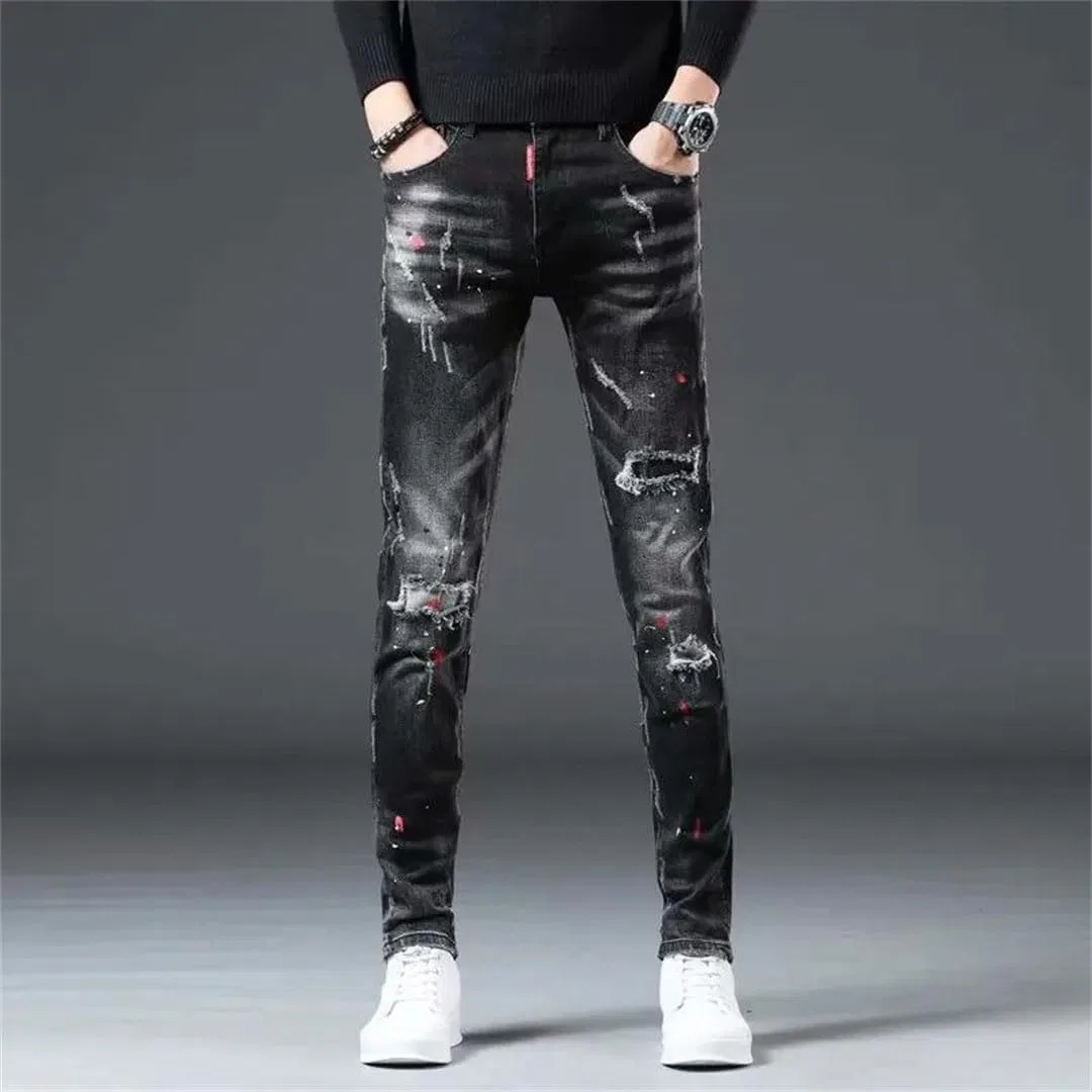 Джинсы с потертостями, Men's High Street Ripped Jeans Cowboy Paint Splash Ink Pants, Black — фото 2