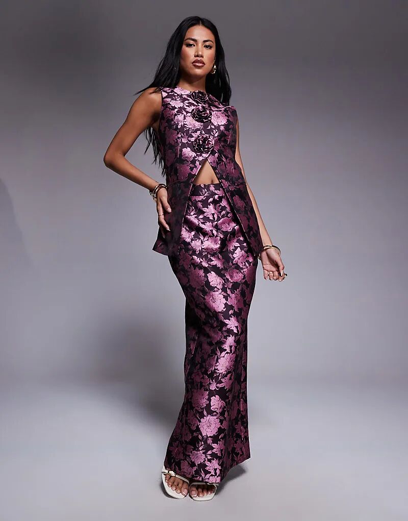 

Юбка ASOS LUXE из жаккарда, приталенная, с разрезом сзади, с розовым цветочным принтом