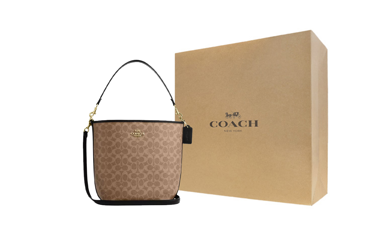 

COACH Городская подпись из прочного текстиля Сумка через плечо Маленькая женская Бежевая и черная