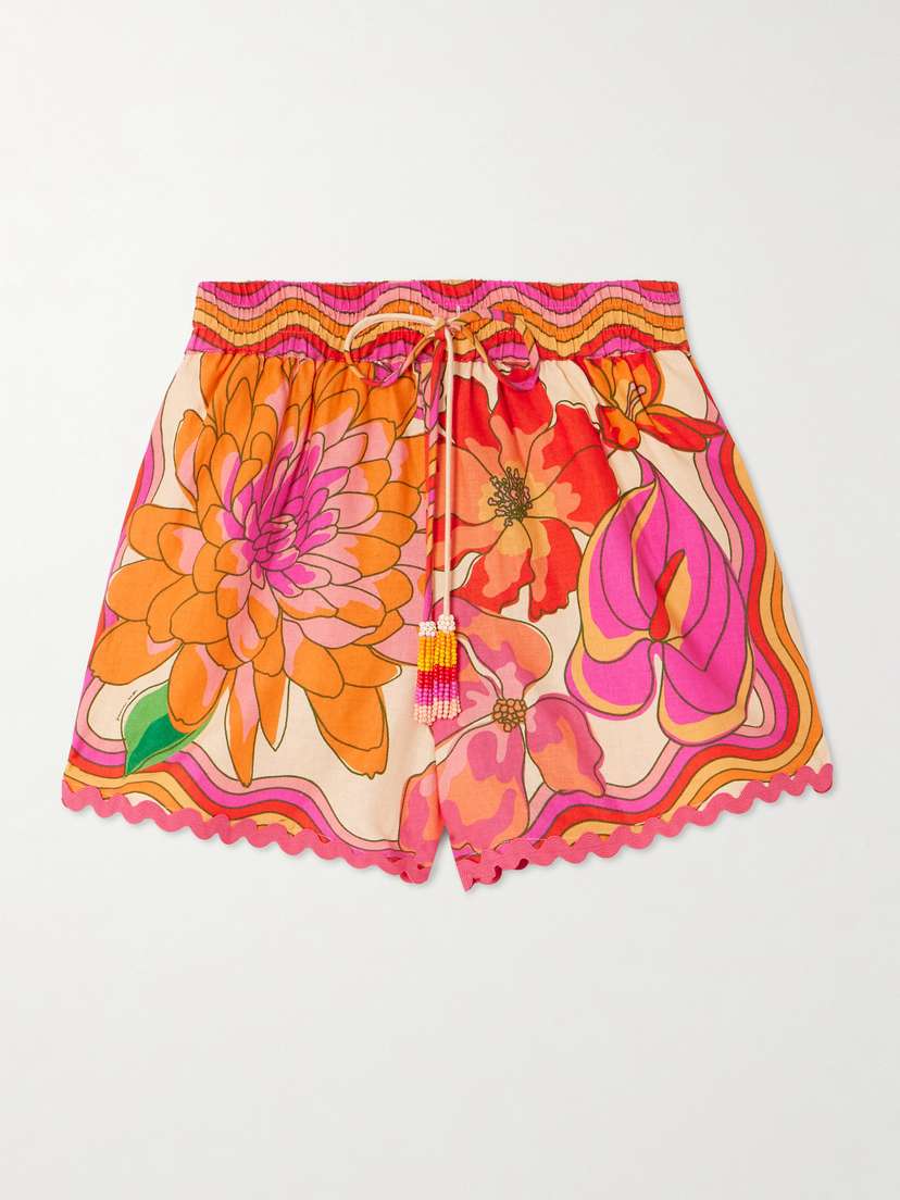 

Весенние шорты из льняной смеси с цветочным принтом, украшенные бисером Farm Rio, оранжевый