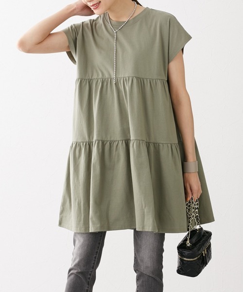 

Топ длинный многоярусный из хлопка с французскими рукавами Nissen, цвет хаки