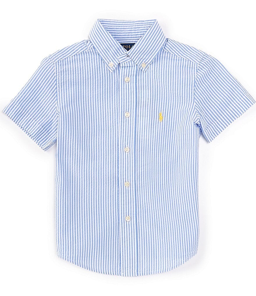 

Рубашка из жатого хлопка в полоску с короткими рукавами Polo Ralph Lauren Little Boys 2T-7, синий