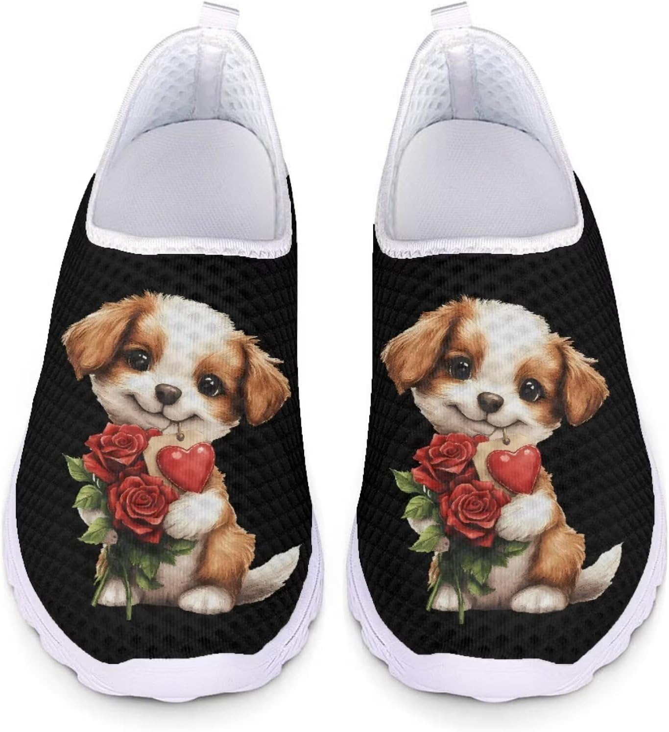 

Женские и мужские кроссовки для ходьбы, сетчатые, с плоской подошвой, без застежки, дышащие, размеры США 5-12 Xixirimido, Puppy Rose Heart