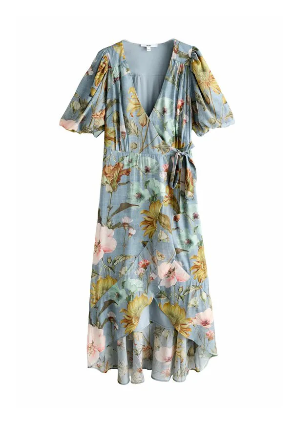Платье-Миди прямого кроя с короткими рукавами-фонариками и запахом Next, Blue Floral Print