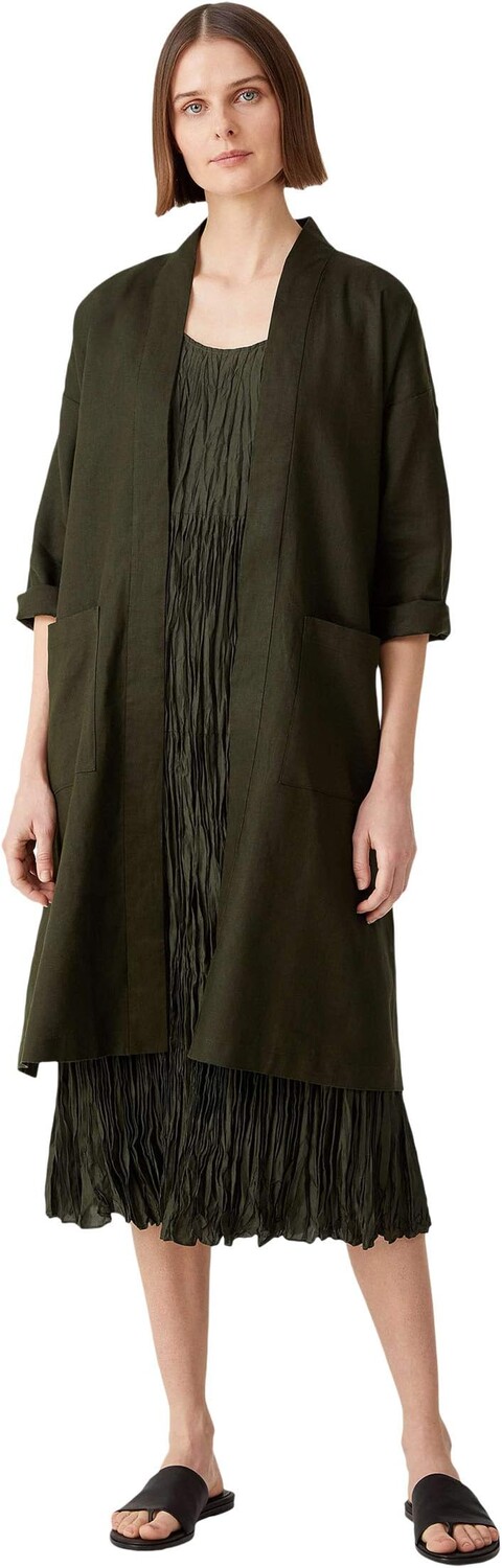 

Куртка Eileen Fisher Knee Length High Collar Jacket with Belt in Organic Linen, цвет Seaweed
