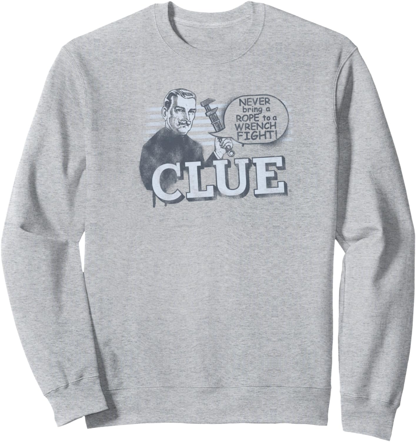 

Подсказка: Никогда не бери веревку на драку с гаечным ключом. Толстовка с потертыми панелями Clue, серый