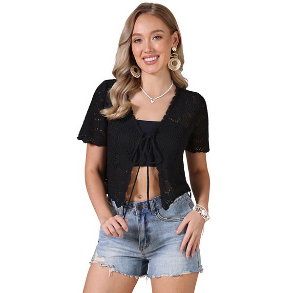 

Кроп-кардиган с ажурной вязкой и завязкой спереди Inspire Chic, Black