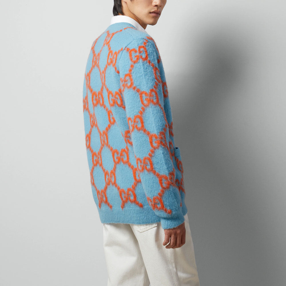 Кардиган Gucci Wool Cardigan With GG Intarsia 'Light Blue Orange' 764738-XKDPB-4001, синий — фото 4