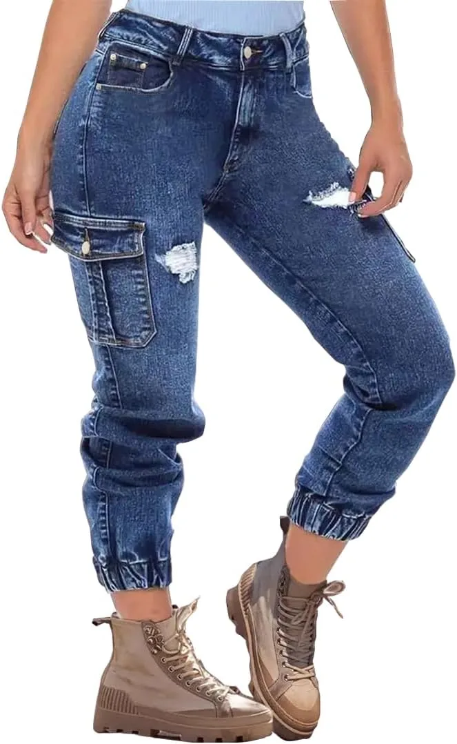 

Женские джинсы карго с потертостями, Mid-Rise, Relaxed Fit Huang's