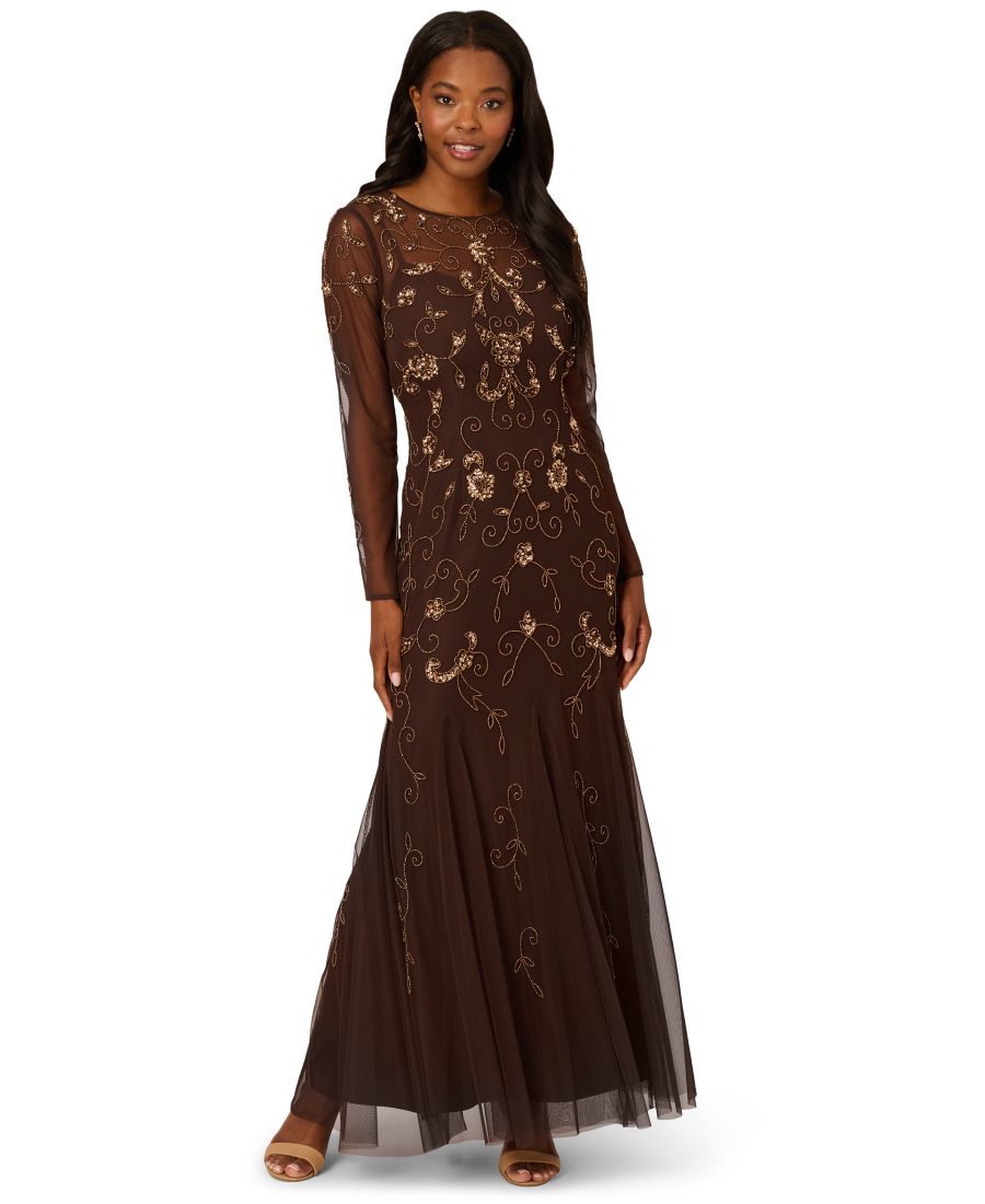 

Укороченное платье с длинными рукавами, украшенное бисером Adrianna Papell, Night Plum