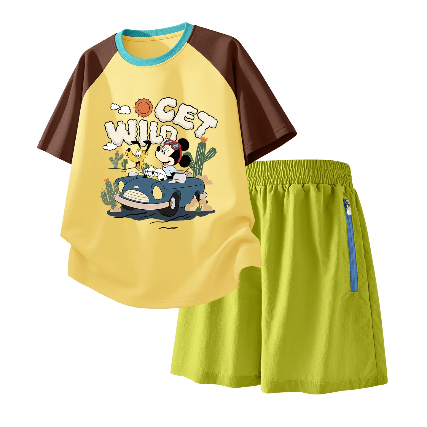 Детский спортивный костюм Casual Sportswear 2 Piece Set Disney, Diqu Camp Brown Yellow+Solid Color Camellia Green