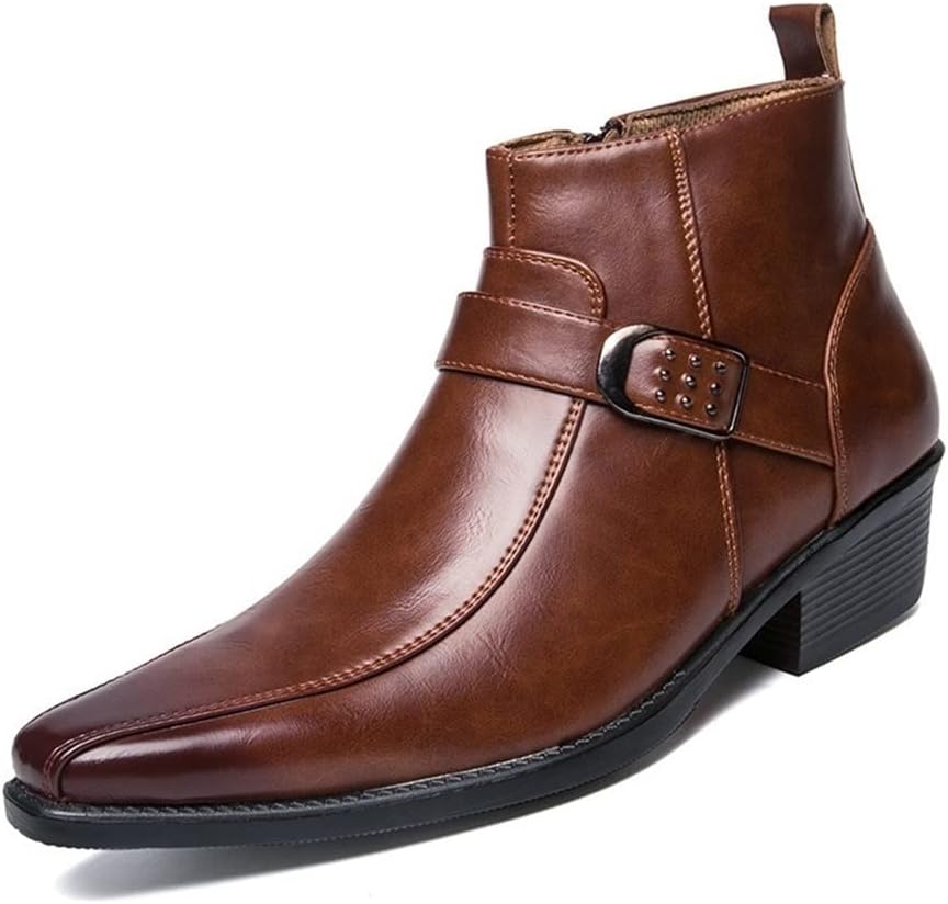 

Мужские ботинки с округлым носком, полированным носком, байкерским носком, с особой пряжкой, боковой молнией, из натуральной кожи, противоскользящие, водонепроницаемые, удобные для носки, модные Xjsdjhount, коричневый