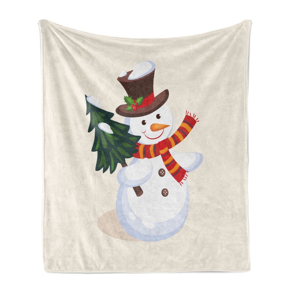 

Мягкое фланелевое флисовое одеяло ABAKUHAUS Snowman, «Счастливый снеговик, держащий елку», уютный плюш для использования в помещении и на улице, 125 x 175 см, разноцветный