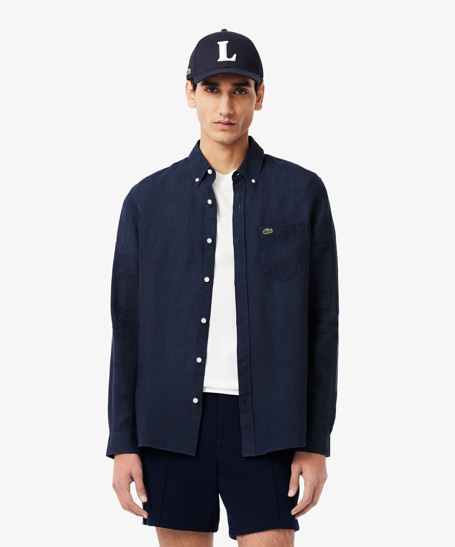 Льняная рубашка с длинными рукавами и пуговицами LACOSTE, Navy