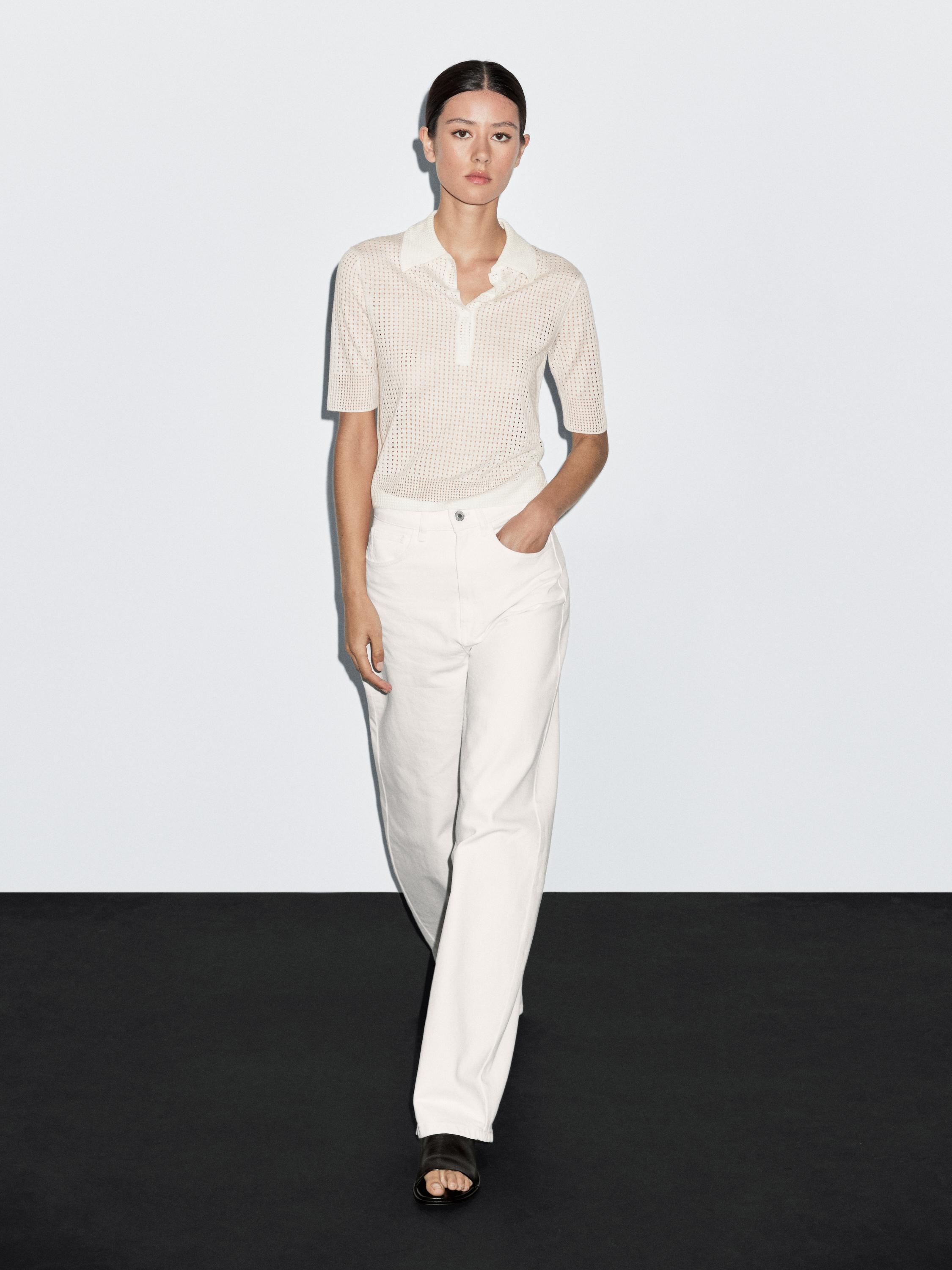 

Свитер открытой вязки с воротником-поло Massimo Dutti, кремовый