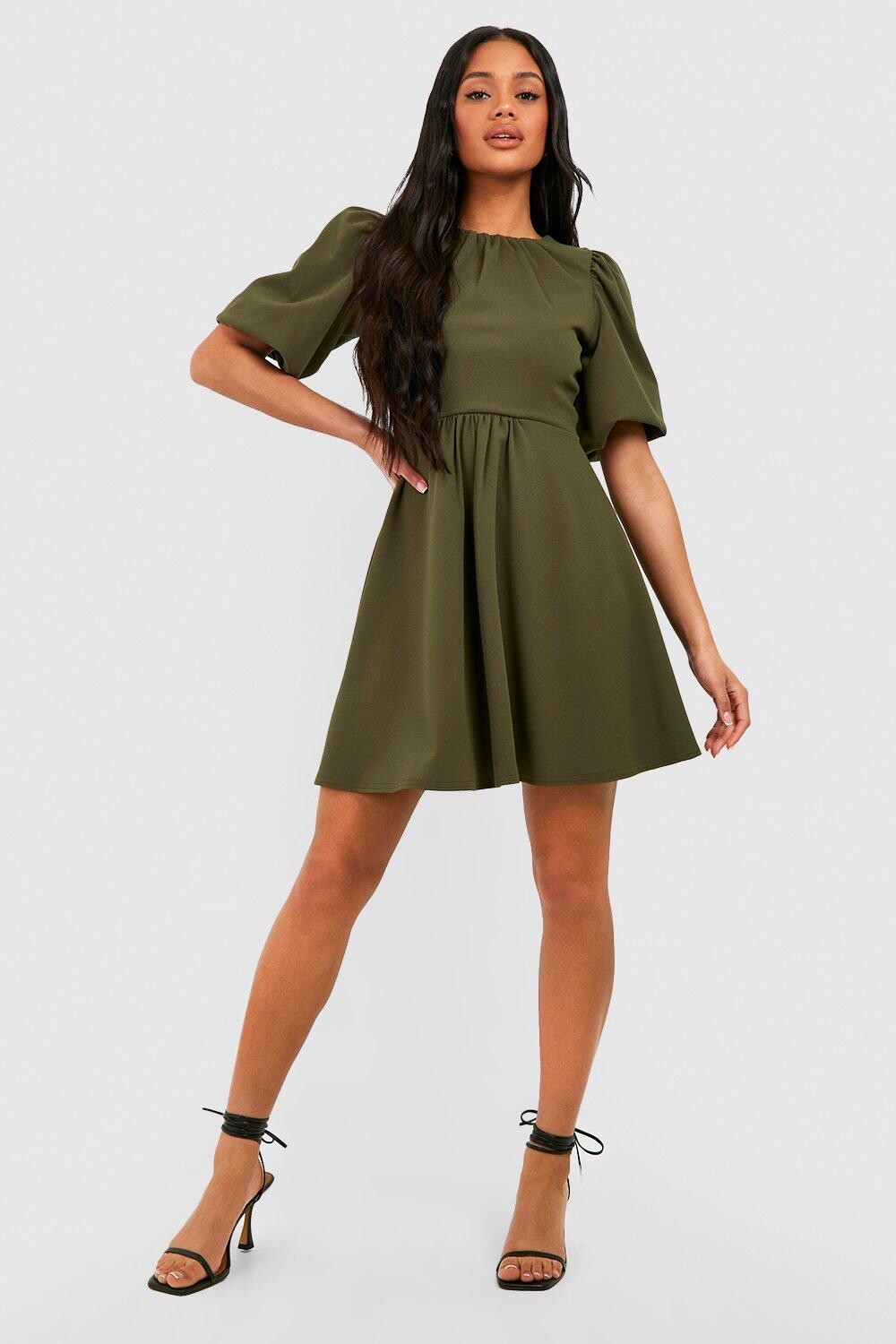 

Платье с рукавами и бухами Boohoo, хаки
