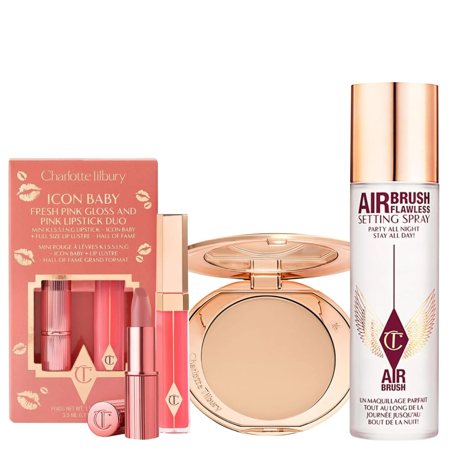 Набор Charlotte Tilbury Holiday Kit - спрей AIRbrush Flawless Setting Spray, пудра AIRbrush Flawless Finish и дуэт Icon Baby Lip Duo - увлажняющий спрей и прессованная пудра с розовым блеском для губ, pink