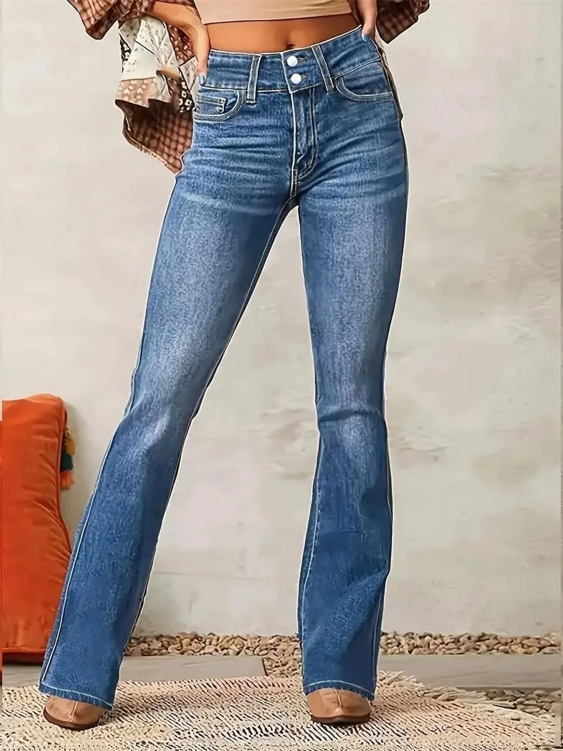 Generic Женские синие расклешенные джинсы Stretchy High Waist Vintage Denim Pants — фото 3
