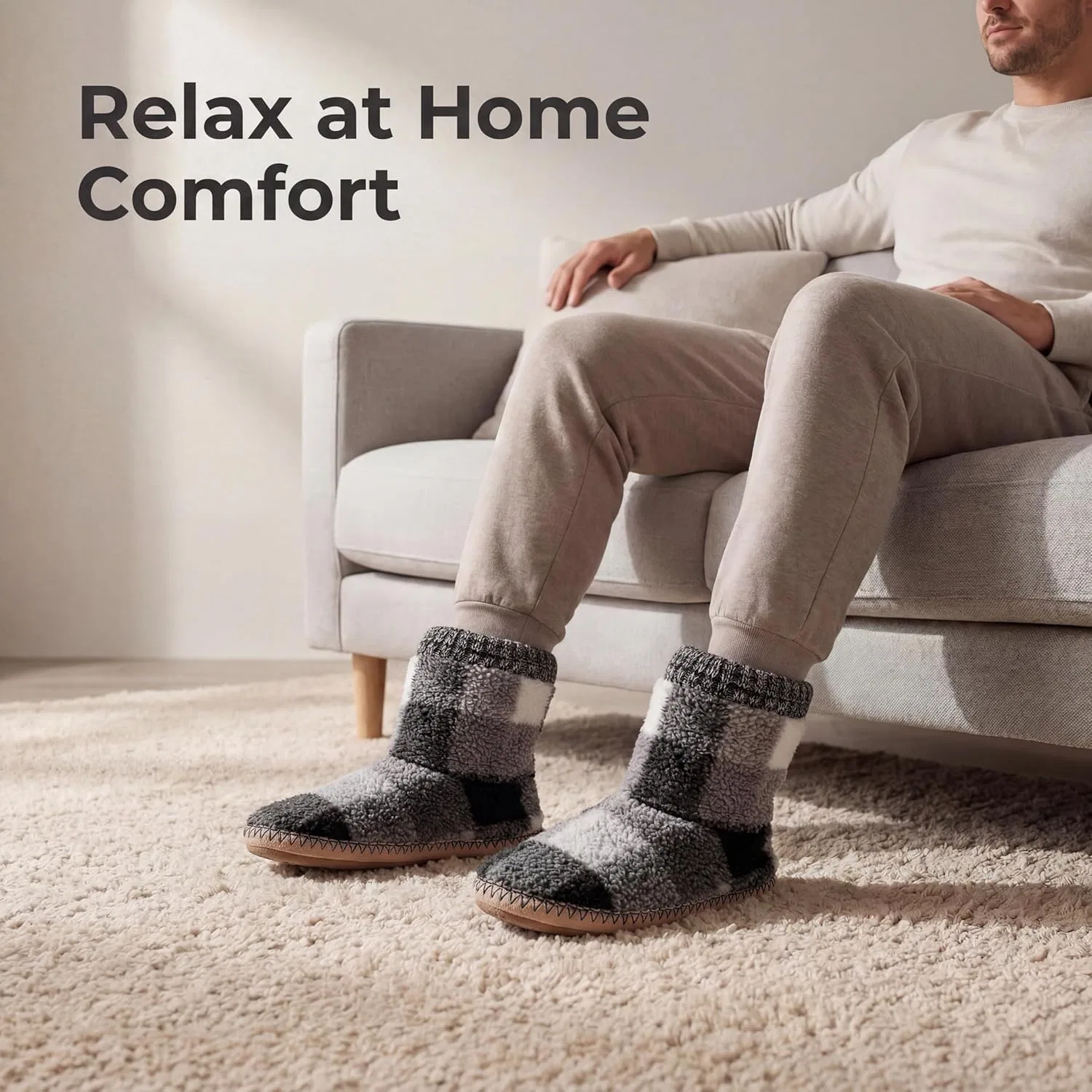 Тапочки мужские теплые пушистые Cozylook, серый/белая клетка — фото 3