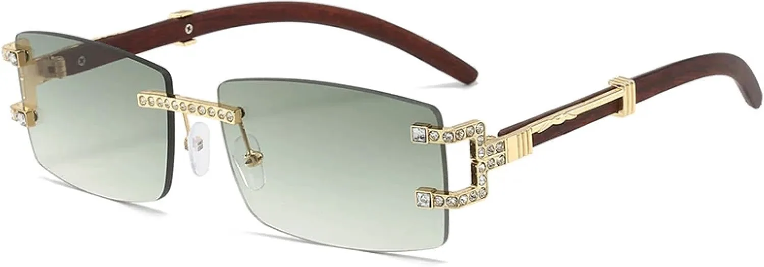 

Модные женские винтажные прямоугольные солнцезащитные очки без оправы с бриллиантами, маленькие, для защиты от УФ-излучения UV400 TKKTLLT, Gold Gradient Green