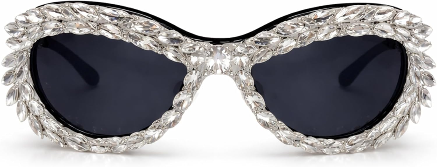 

bullabulling Модные солнцезащитные очки «кошачий глаз» со стразами для женщин и мужчин, блестящие хрустальные солнцезащитные очки с защитой от УФ-излучения UV400, Black/Clear