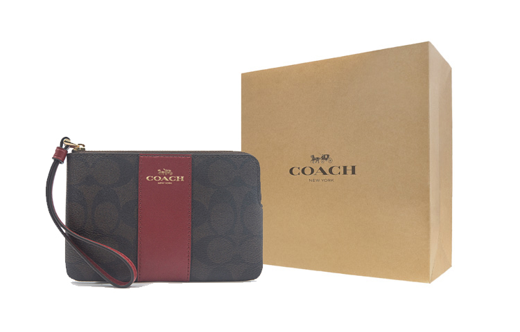 

COACH Сумка через плечо с угловой молнией Monogram Canvas и кожаным ремешком на запястье, клатч, кошелек для монет, женская, темно-коричневая и красная