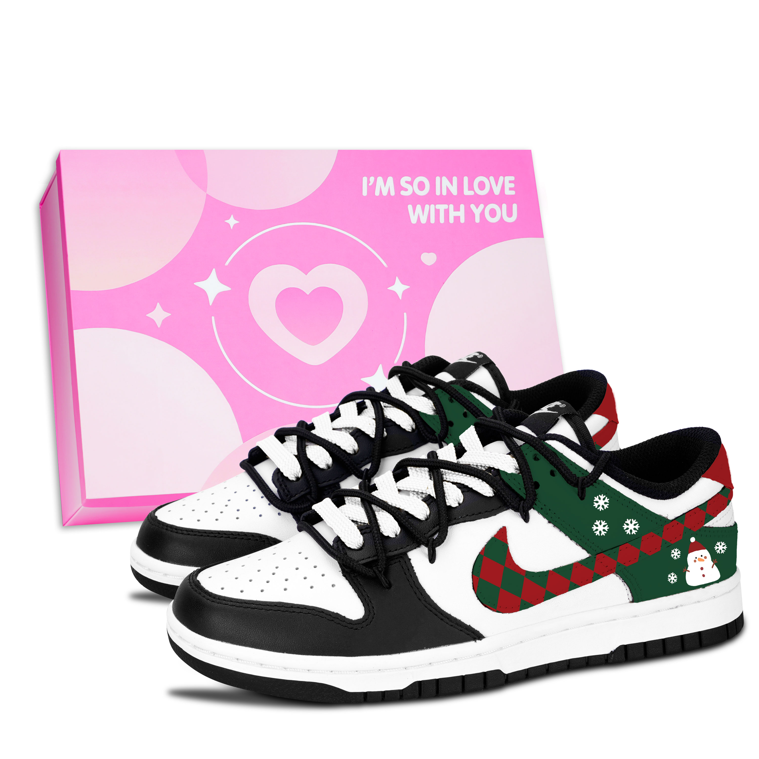 

Nike Dunk Black White, Winter Snowman Abrasion Resistant Low top Skateboard Shoes Unisex Red Green