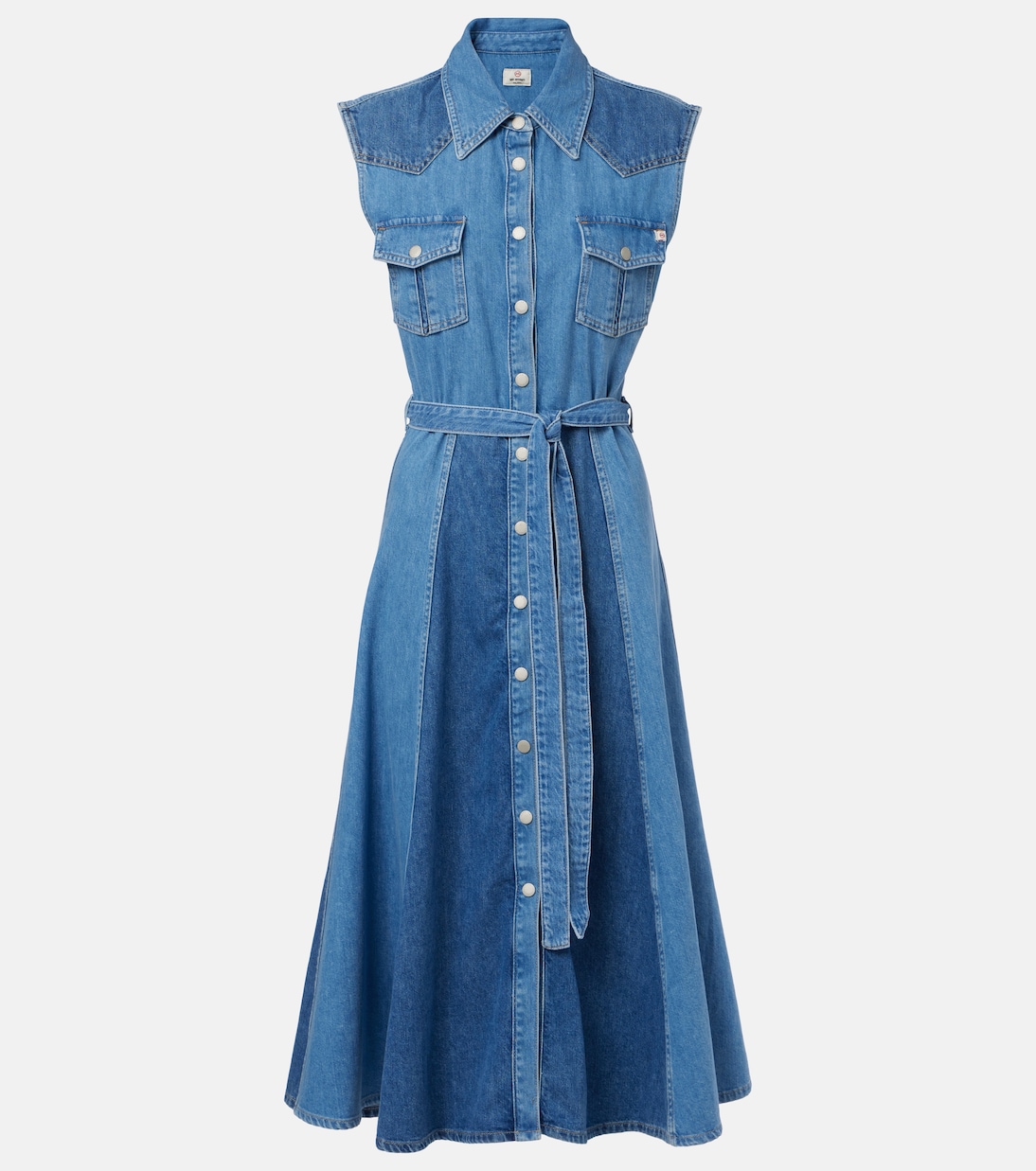 

Джинсовое платье миди с поясом и панелями AG Jeans, Sunfaded Blue Patch