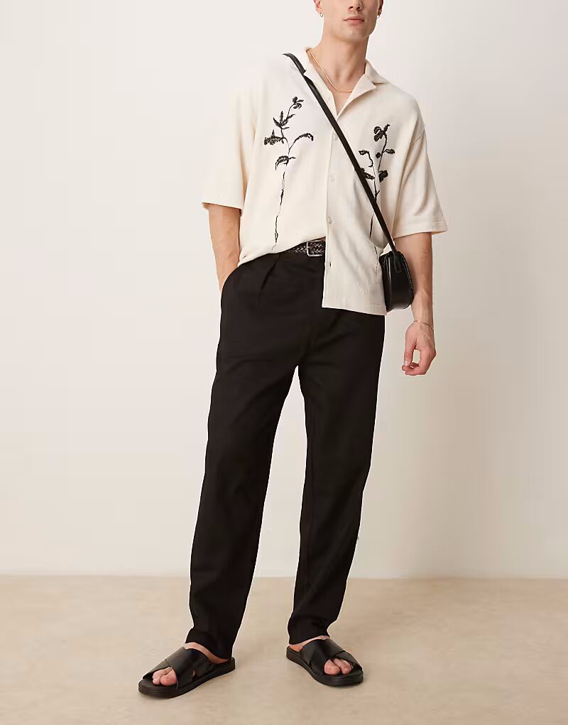 

Брюки-карго из искусственного льна со складками черного цвета Asos Design