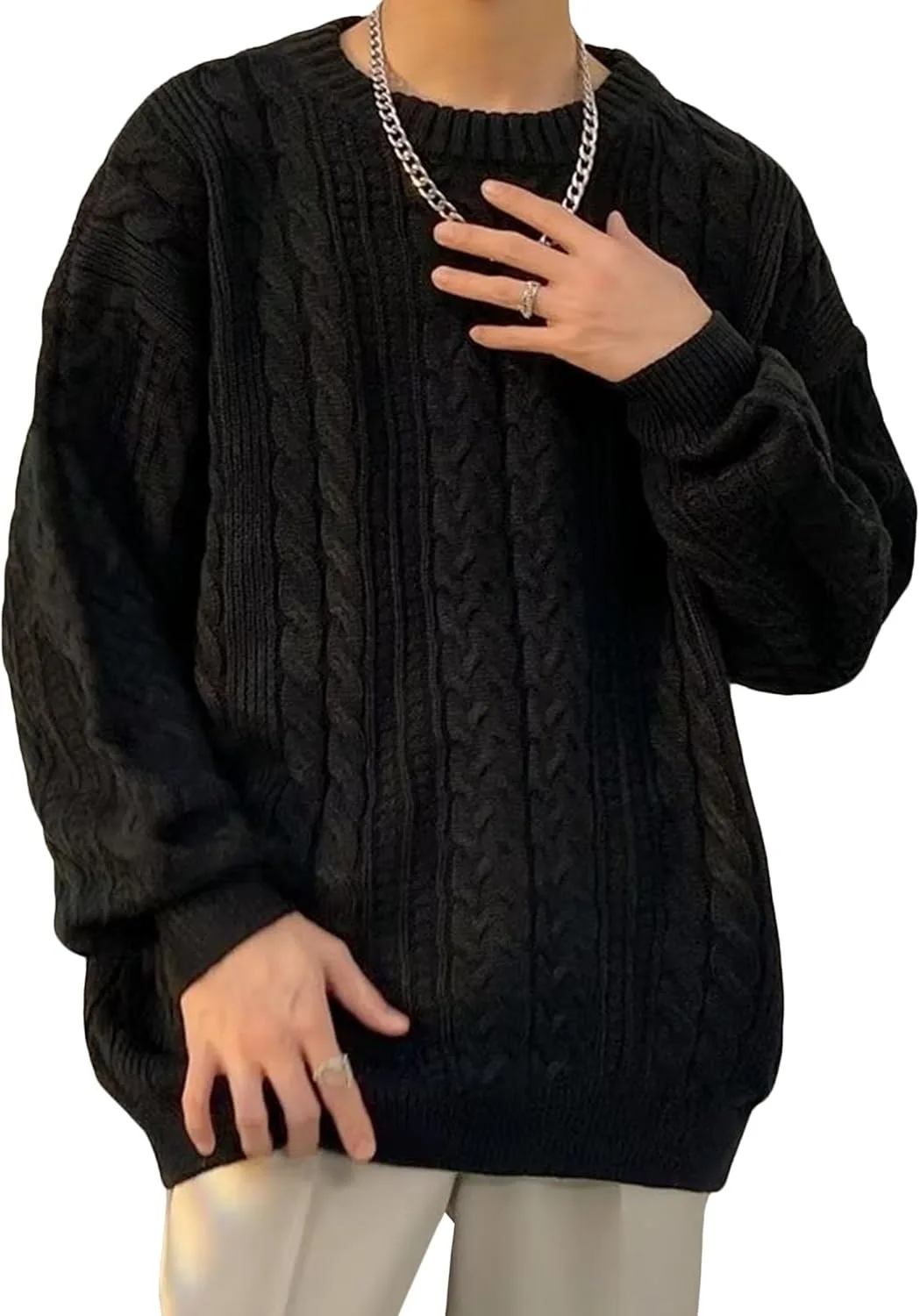 

Мужской свитер с вязкой кабелем винтажный оверсайз JEShifangjiusu