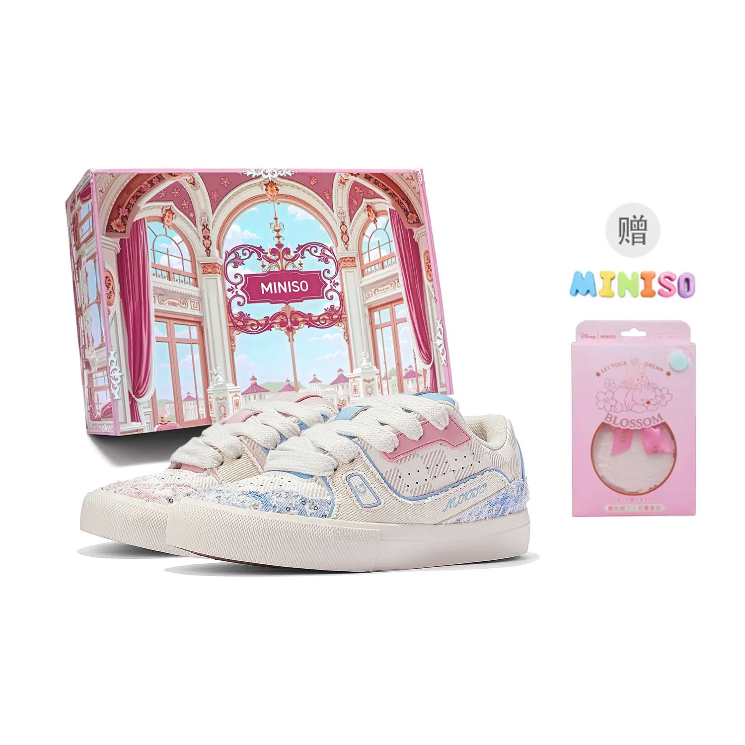 

MINISO Низкие скейтерские кроссовки унисекс - набор в подарочной коробке с непарными розовыми и синими кроссовками [в комплекте брелок с буквой и ароматизированный кекс]