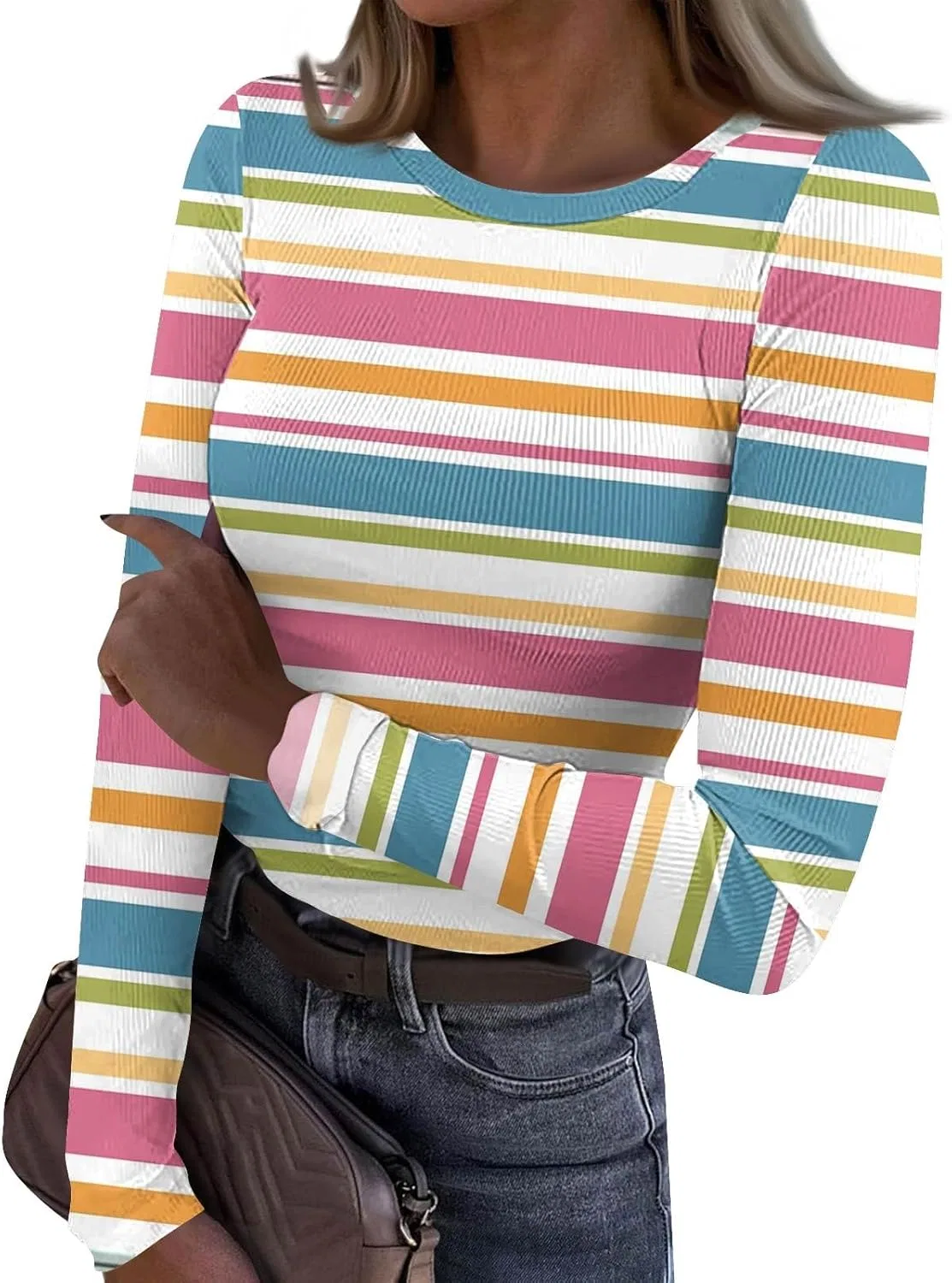 Женская футболка с длинным рукавом, полоска, Hot Pink, размерная линейка S-XXL