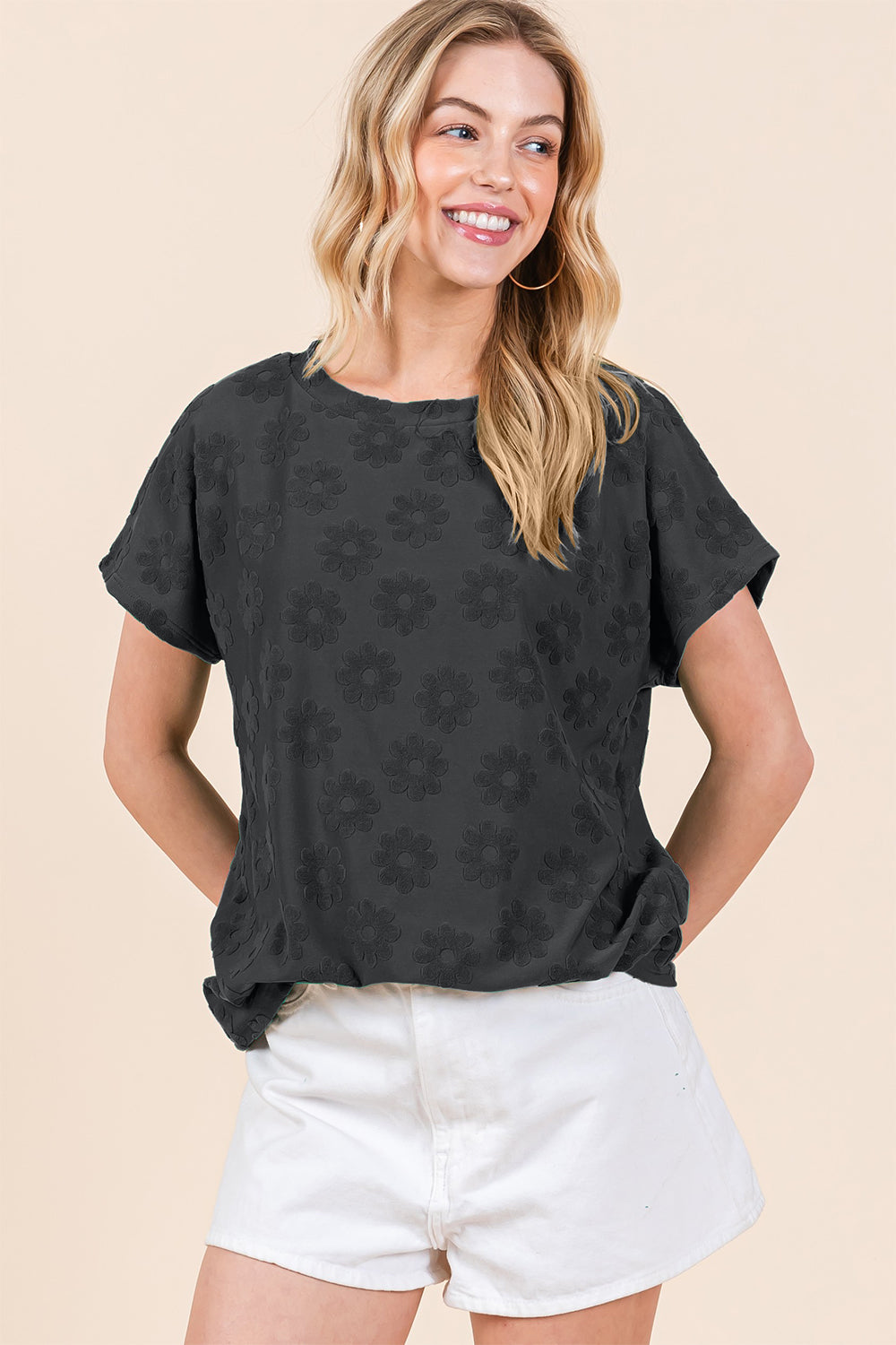 

Футболка с коротким рукавом и фактурным цветочным узором FASHNZFAB, черный